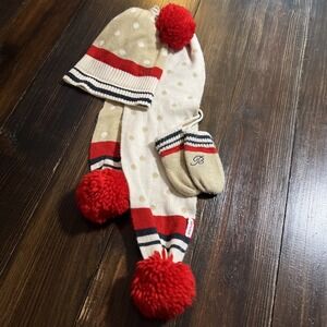 BRUMS  Cable Knit Pom Pom Hat, Scarf & Mittens Set - Toddlers Size